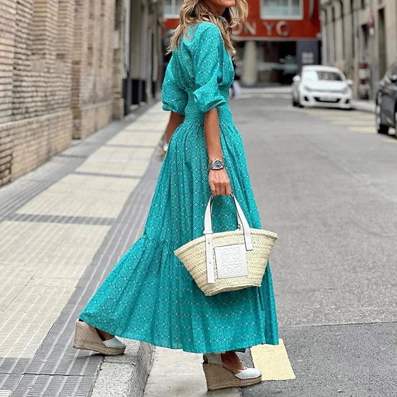 Vestido Feminino Longo Elegante Meia Manga - Geometric Glamour