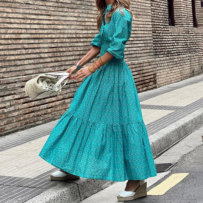 Vestido Feminino Longo Elegante Meia Manga - Geometric Glamour