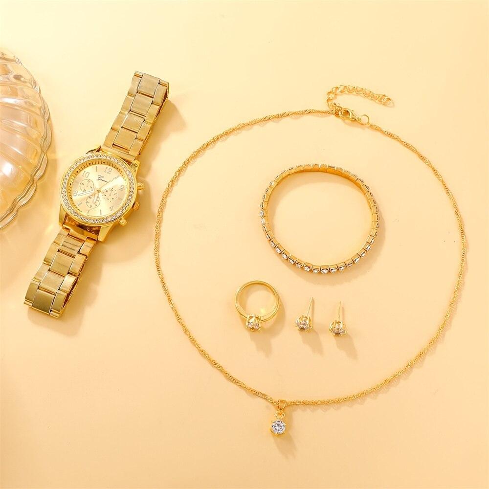 Kit Relógio + Pulseira + Colar + Anel + Brinco - Dourados com Pedras - Lojas Promorin