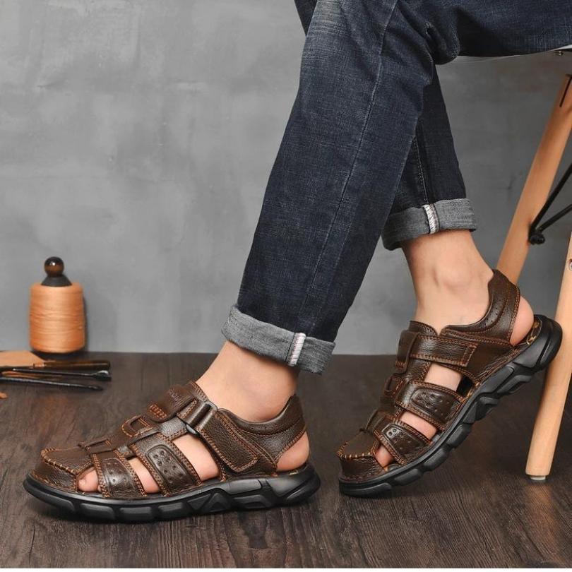 Sandália de Couro Masculina Anti Stress com Velcro - Lojas Promorin