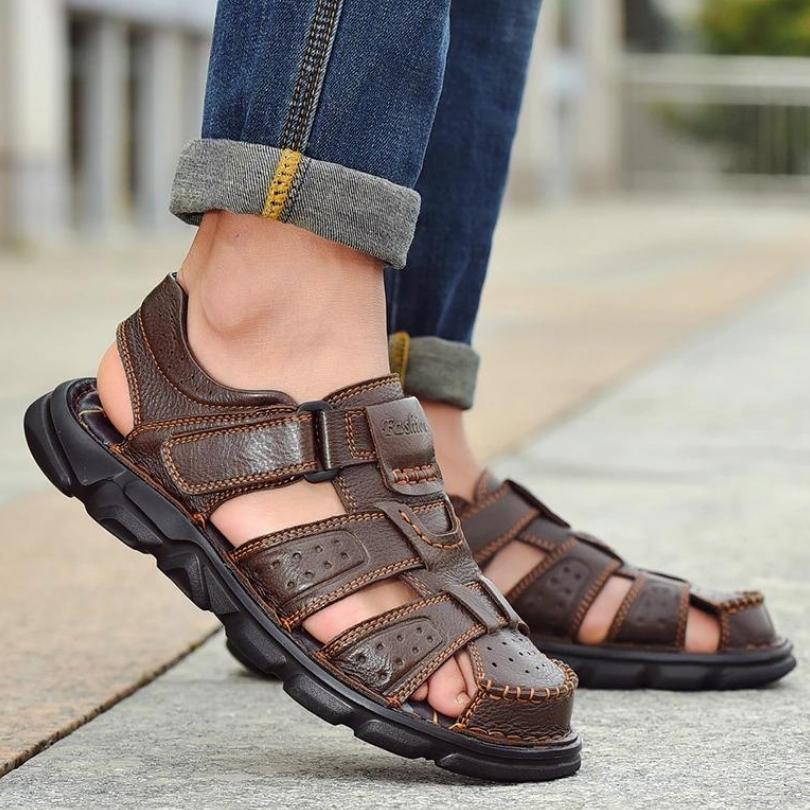 Sandália de Couro Masculina Anti Stress com Velcro - Lojas Promorin