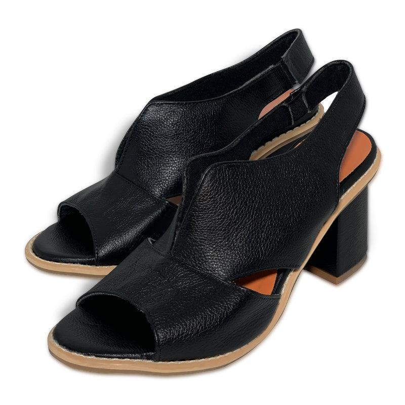 Sandália Laíza Peep Toe em Couro Salto Bloco Médio - Lojas Promorin
