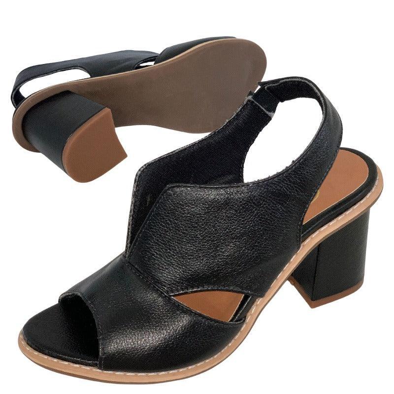 Sandália Laíza Peep Toe em Couro Salto Bloco Médio - Lojas Promorin