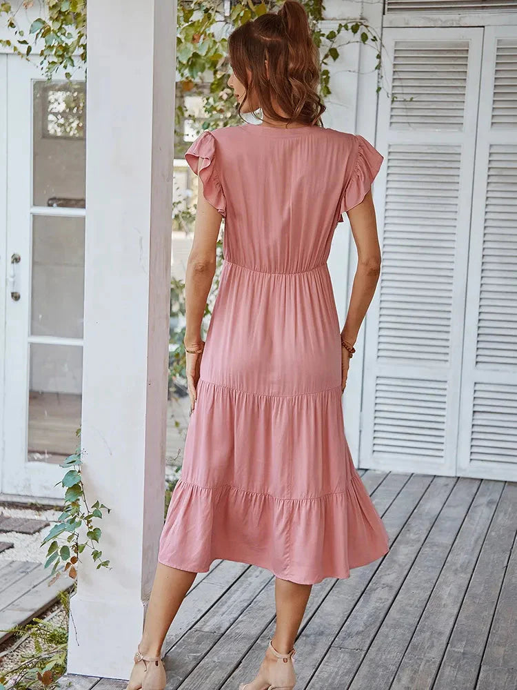 Vestido Midi com Manga Babado Valentina - Moda Verão