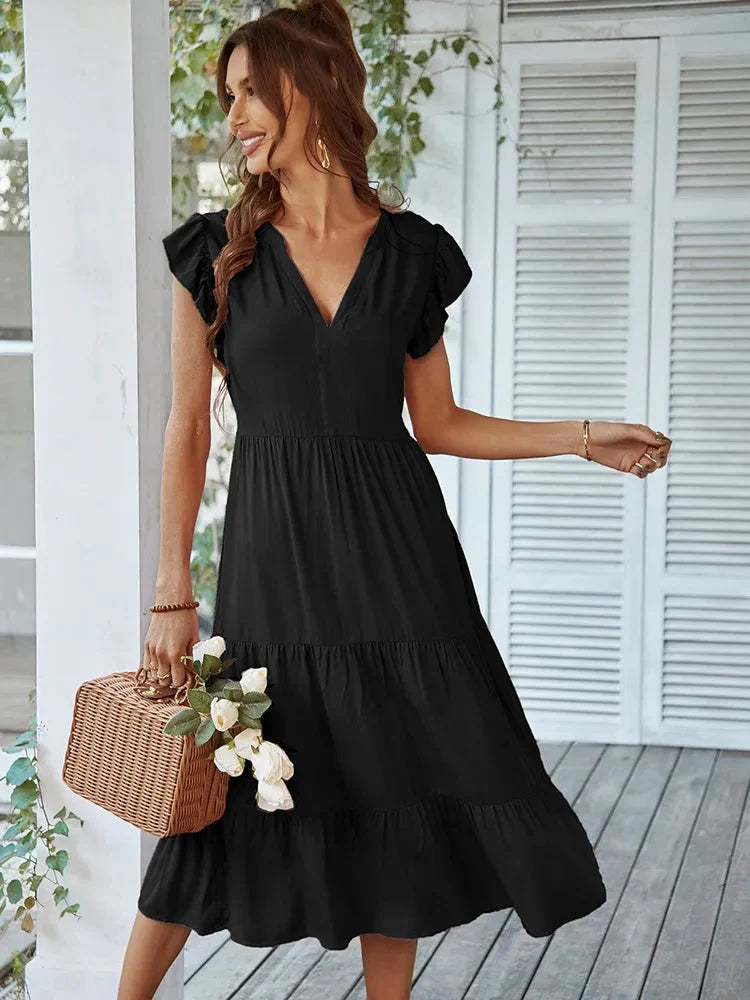 Vestido Midi com Manga Babado Valentina - Moda Verão