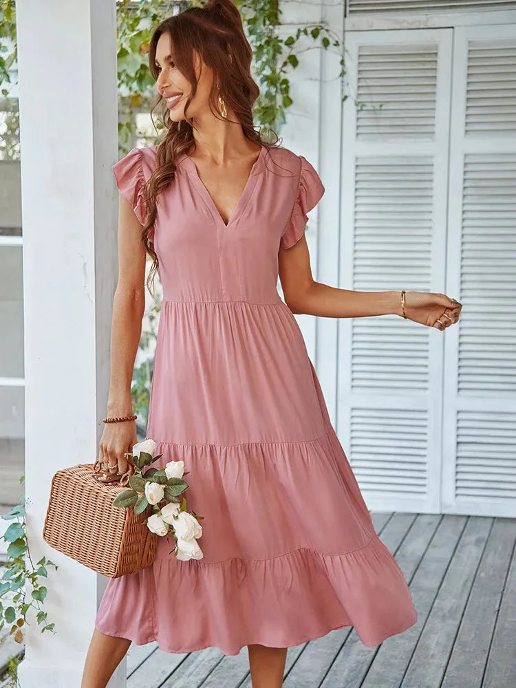 Vestido Midi com Manga Babado Valentina - Moda Verão