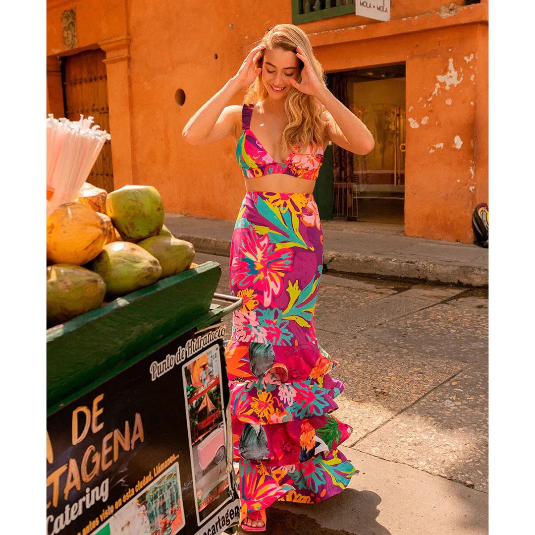 Conjunto Feminino Cropped e Saia Longa - Floral Urbano