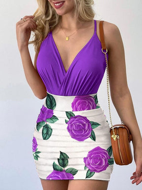 Conjunto Body com Decote em V + Saia com Estampa Floral