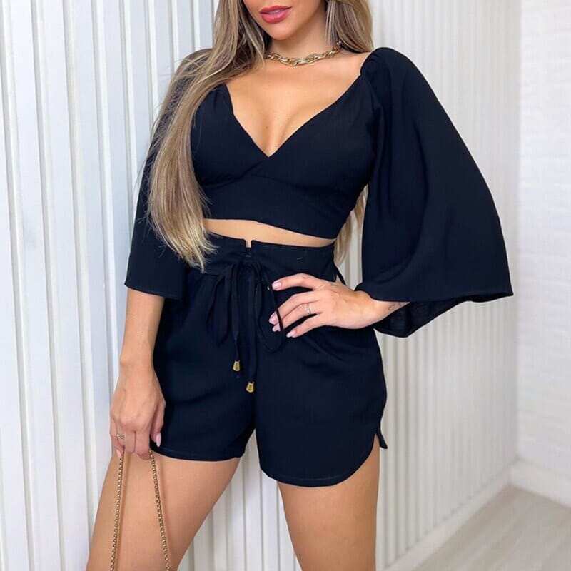 Conjunto Cropped de Manga Longa Bufante + Short Cintura Alta