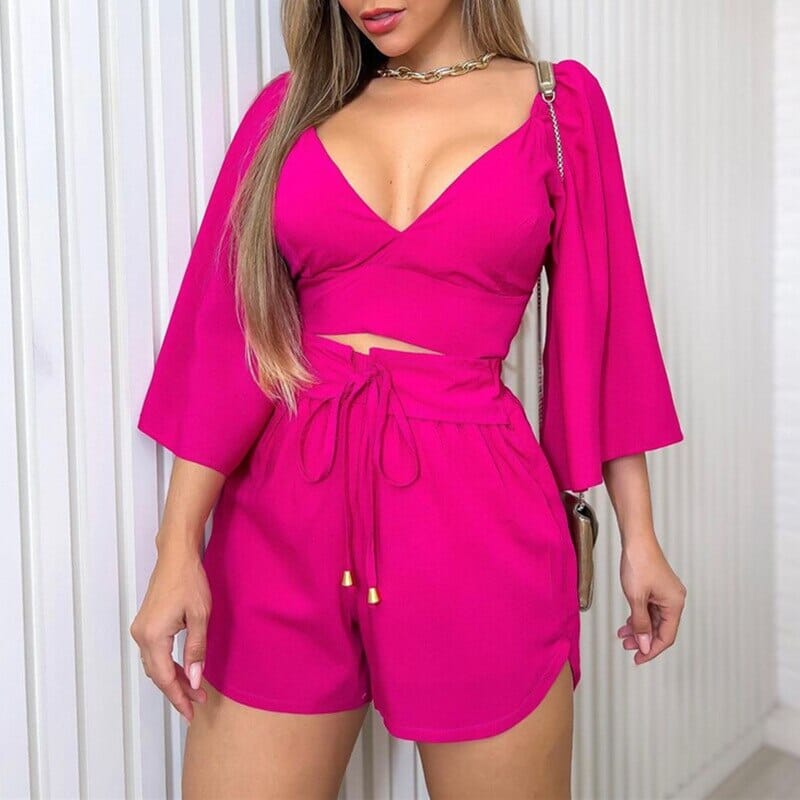 Conjunto Cropped de Manga Longa Bufante + Short Cintura Alta