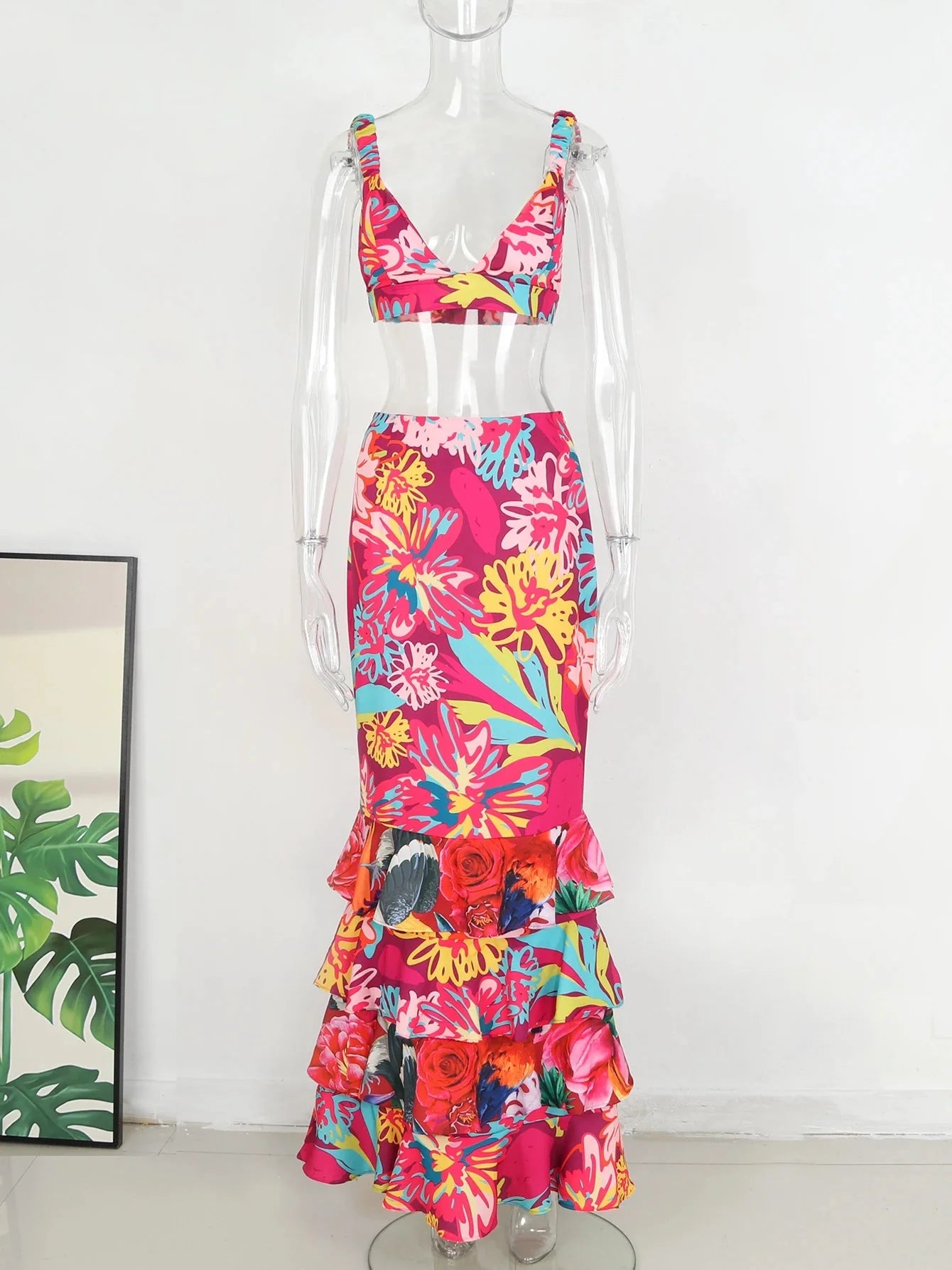 Conjunto Feminino Cropped e Saia Longa - Floral Urbano
