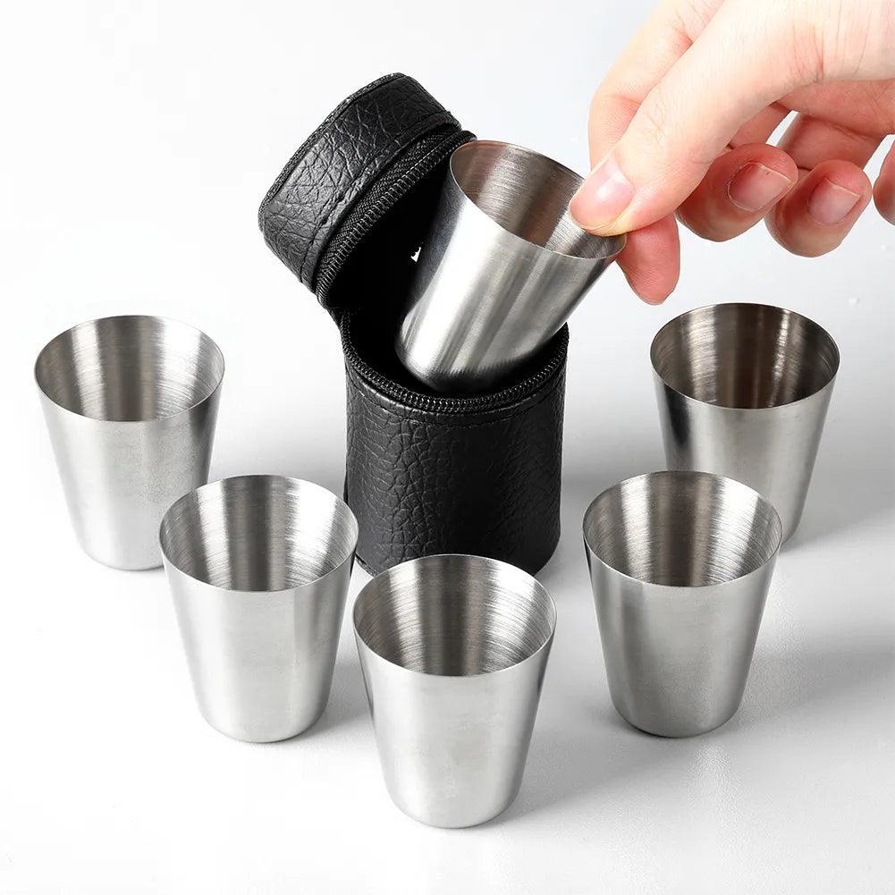 Kit com 6 Mini Copos de Shot de Aço Inoxidável + Case Porta Copo - Lojas Promorin