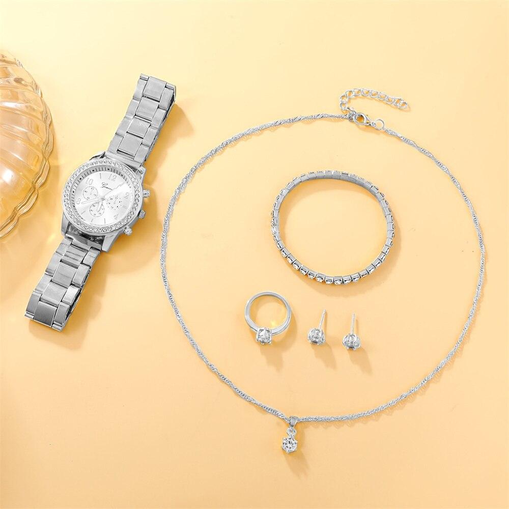 Kit Relógio + Pulseira + Colar + Anel + Brinco - Dourados com Pedras - Lojas Promorin