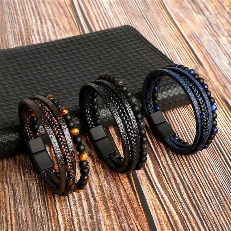 Pulseira THE MAN Em Couro De Qualidade Premium - Joia Com Pedras e Pingentes - Lojas Promorin