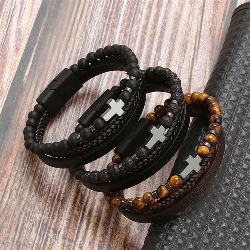Pulseira THE MAN Em Couro De Qualidade Premium - Joia Com Pedras e Pingentes - Lojas Promorin