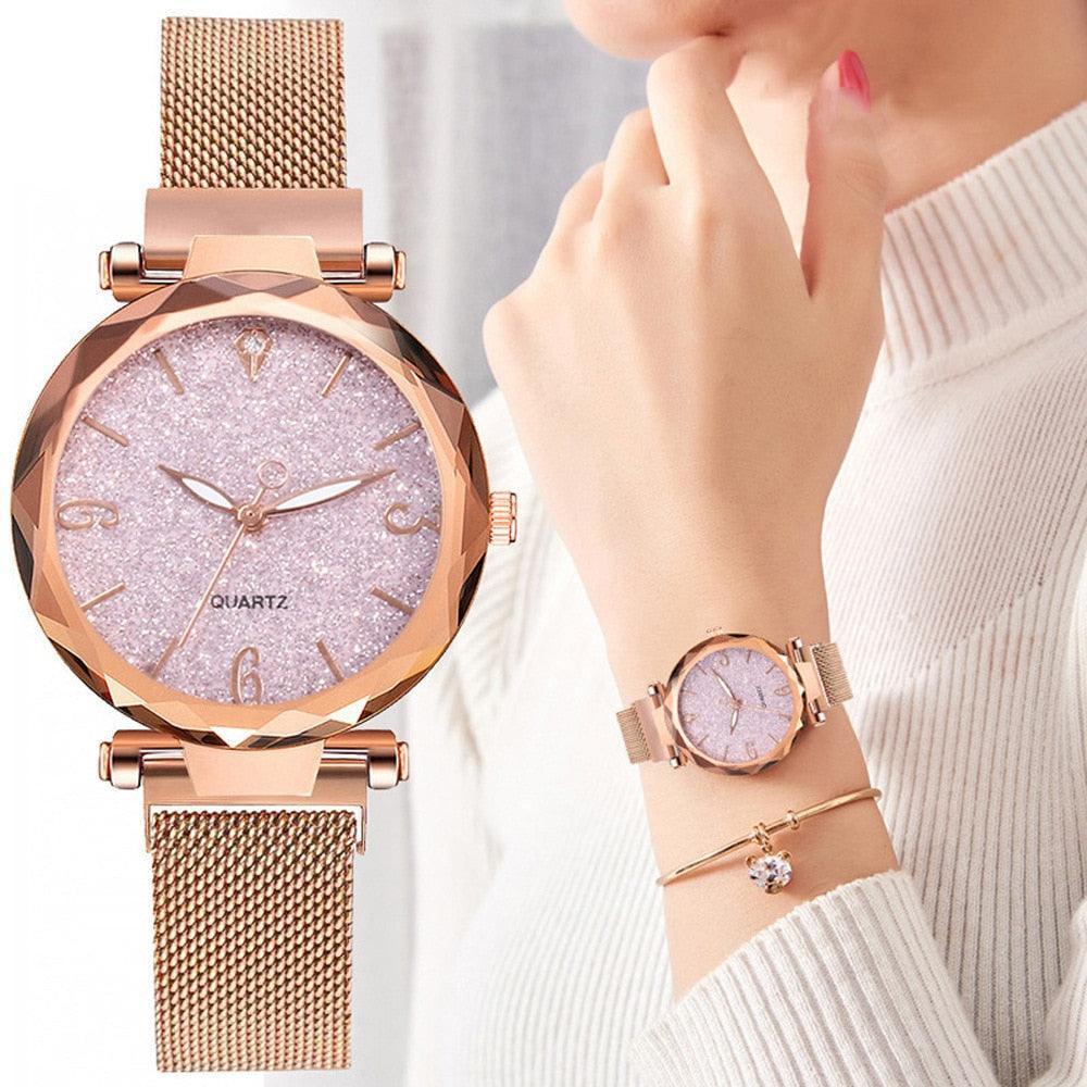Relógio Feminino QUARTZ Crystal Rosê - Luxuoso com Pulseira Rosê Gold e Fundo Cristal Rosê (ÚLTIMAS PEÇAS EM QUEIMA DE ESTOQUE) - Lojas Promorin