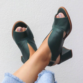 Sandália Laíza Peep Toe em Couro Salto Bloco Médio - Lojas Promorin